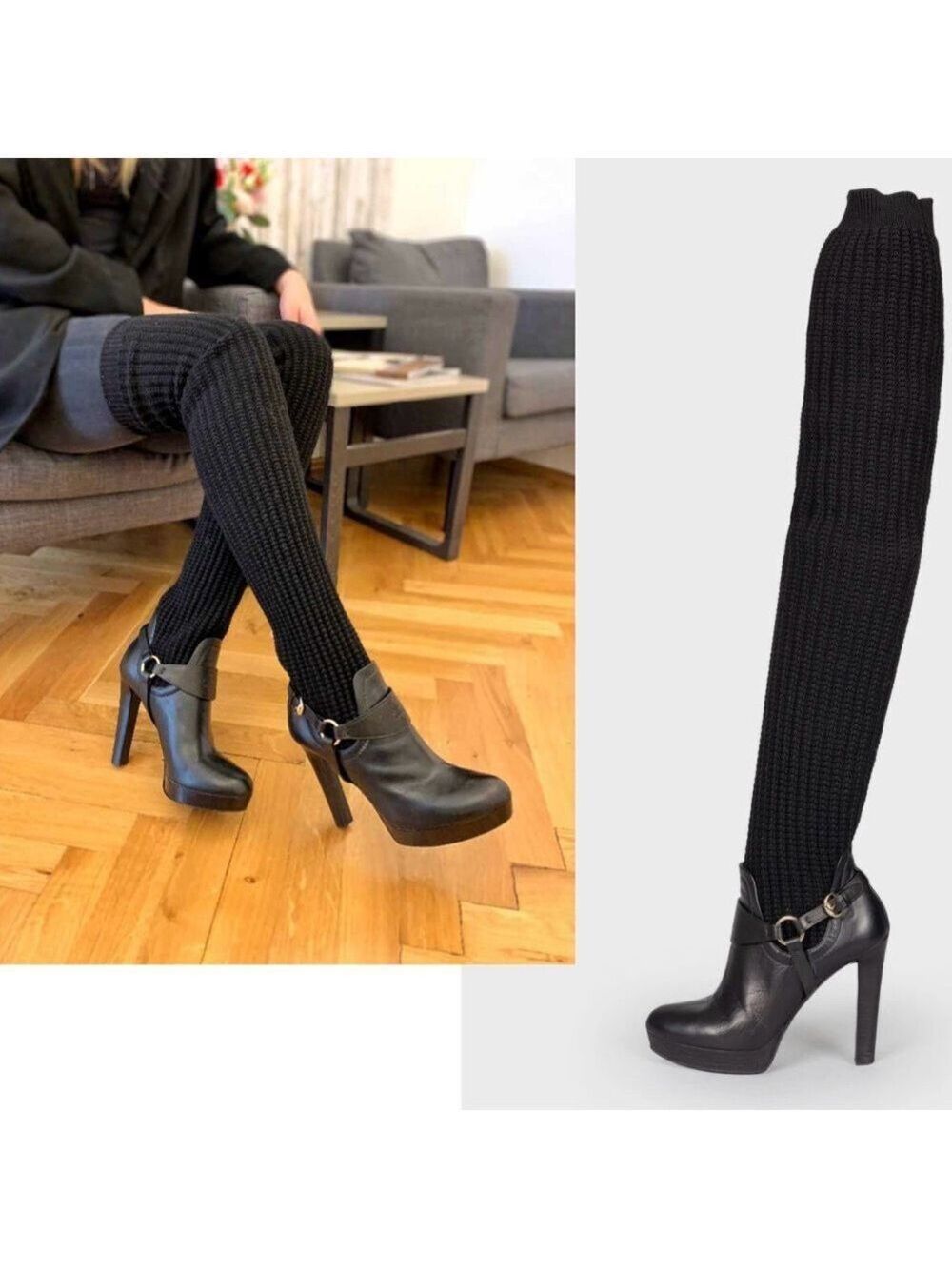Gucci black wool knit over the knee sock harness boots leather platform 39.5